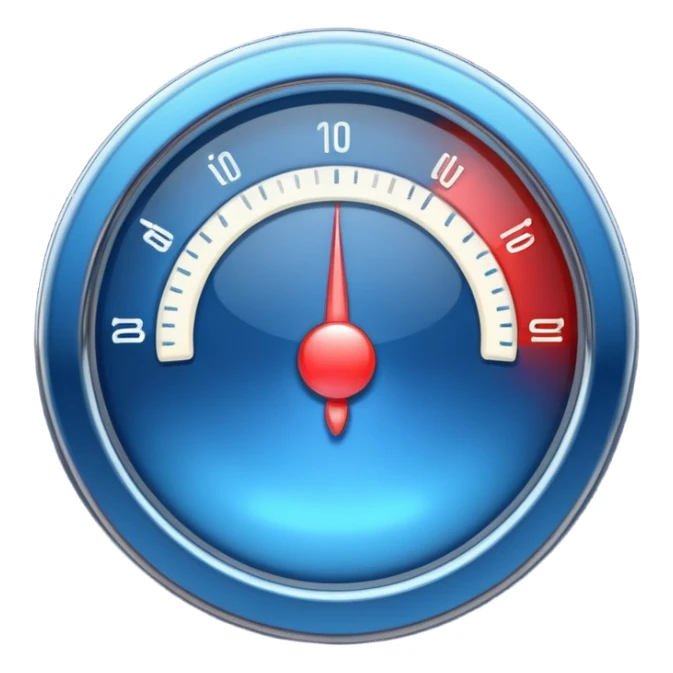 a stylized gauge, deep blue with a soft glow, no numbers, just a pointer and arc, apple emoji style sticker