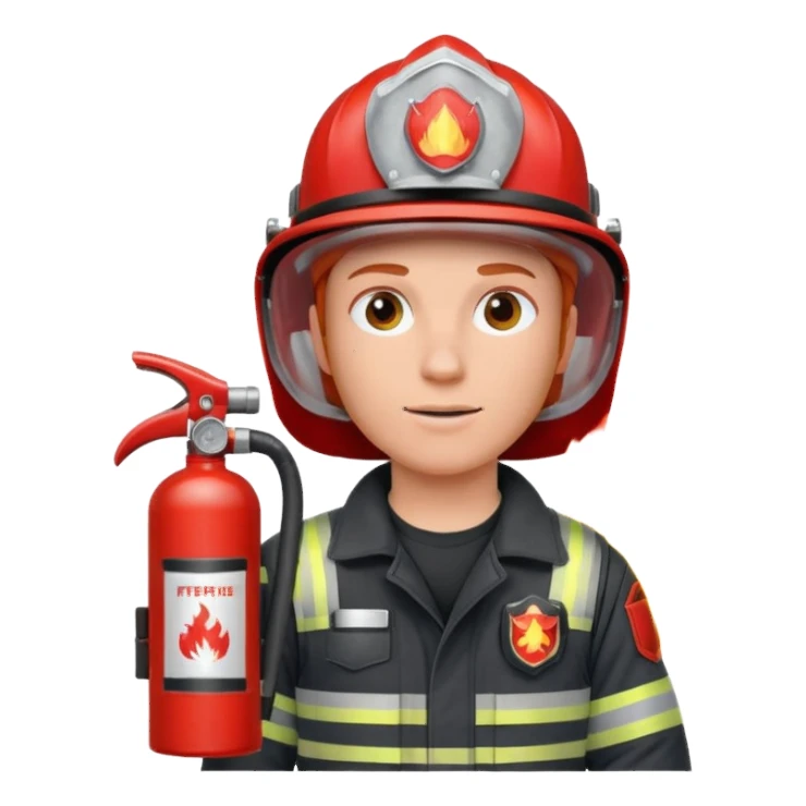 red haired Firefighter with respiratory protection with fire extinguisher sticker