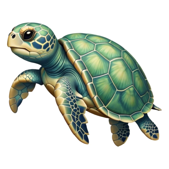 Cinematic Realistic Cute Sea Turtle Portrait Emoji, Head tilted playfully and inquisitively, featuring a compact, gentle form with a beautifully detailed shell adorned with natural patterns and a soft, expressive face with sparkling eyes, rendered with realistic textures and warm ambient light; high shine, affectionate and spirited, styled with a touch of marine whimsy, soft glowing outline, capturing the essence of a mischievous yet lovable sea turtle that seems ready to swim playfully into your arms! sticker