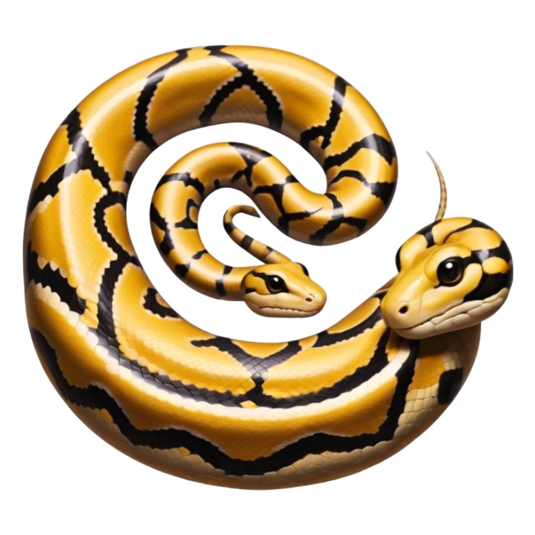 A photo-realistic top-down view of a Ball Python gently coiled into a tight spiral, with its head resting peacefully at the center. Its scales are warm brown with bold, irregular black markings, including the distinctive “alien-head” pattern, flowing smoothly along its body.  sticker