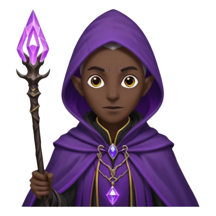 {
      "type": "human",
      "look": "dark elf wizard, black cloak, purple energy around staff",
      "description": "a dark elf wizard in a black cloak channeling purple energy around their staff"
    } sticker