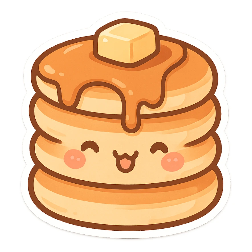 chibi sticker-style pancake stack, cute and exaggerated sticker