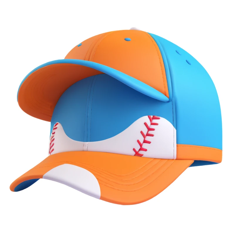 A baseball cap in a playful 3D cartoon style on a white background, 3D rendering, high resolution, bright colors, with a perspective composition, high saturation, prominent details, a floating effect, and a lively atmosphere, bottom view. sticker