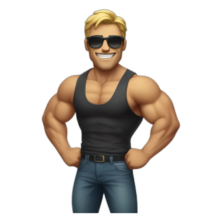 a man flexing muscle and smiling and sunglasses sticker