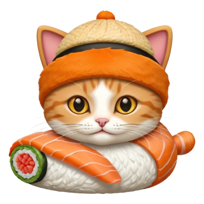 cat wearing a sushi roll as a hat sticker