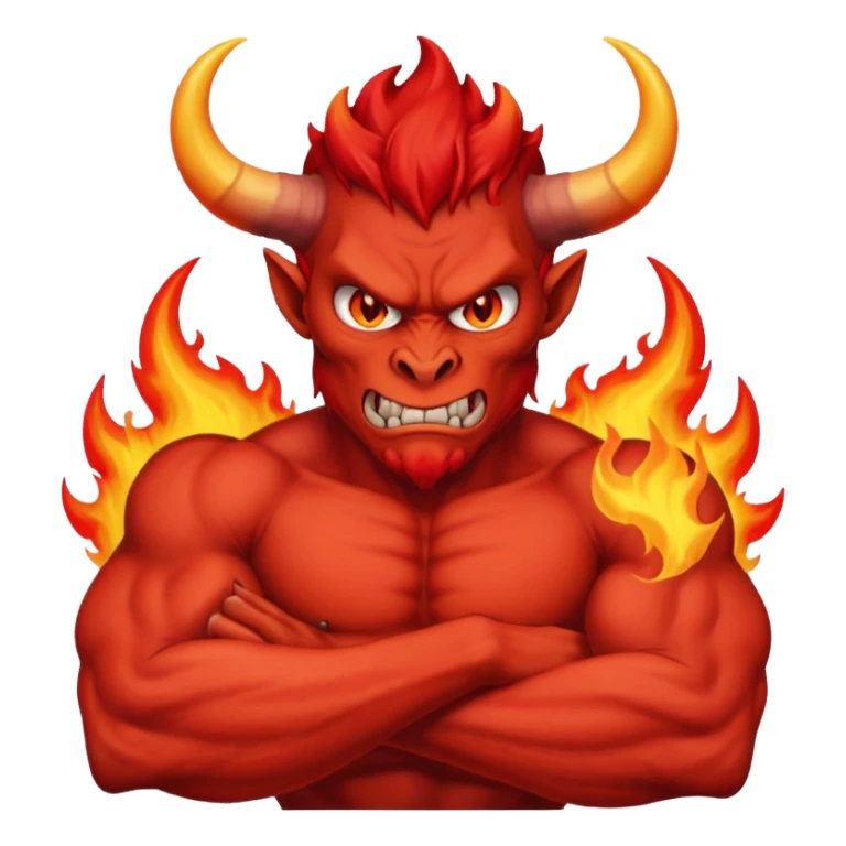 a Red devil, short horn Devil with flaming eyes, crossing arms sticker