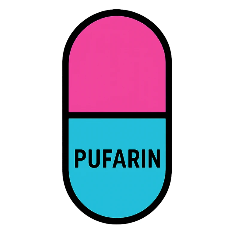 PUfarin depicted as a single capsule with a split color design, modern icon style sticker