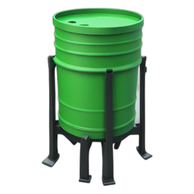 green construction plastic barrel with legs, wearing black crocs sticker