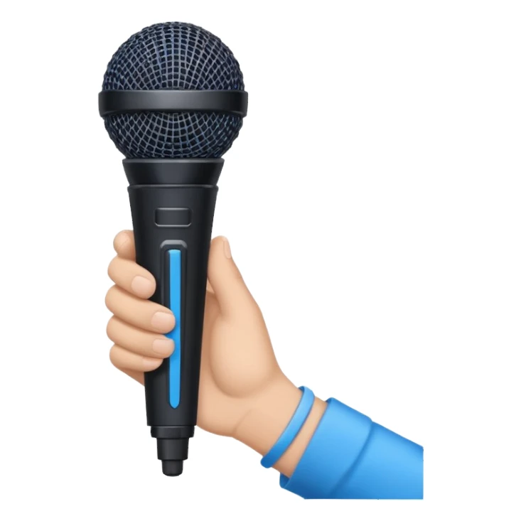 hand holding black stage microphone with blue strip on bottom sticker