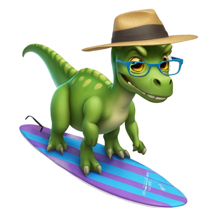 Dinosaur with glasses and a hat on a surfboard  sticker