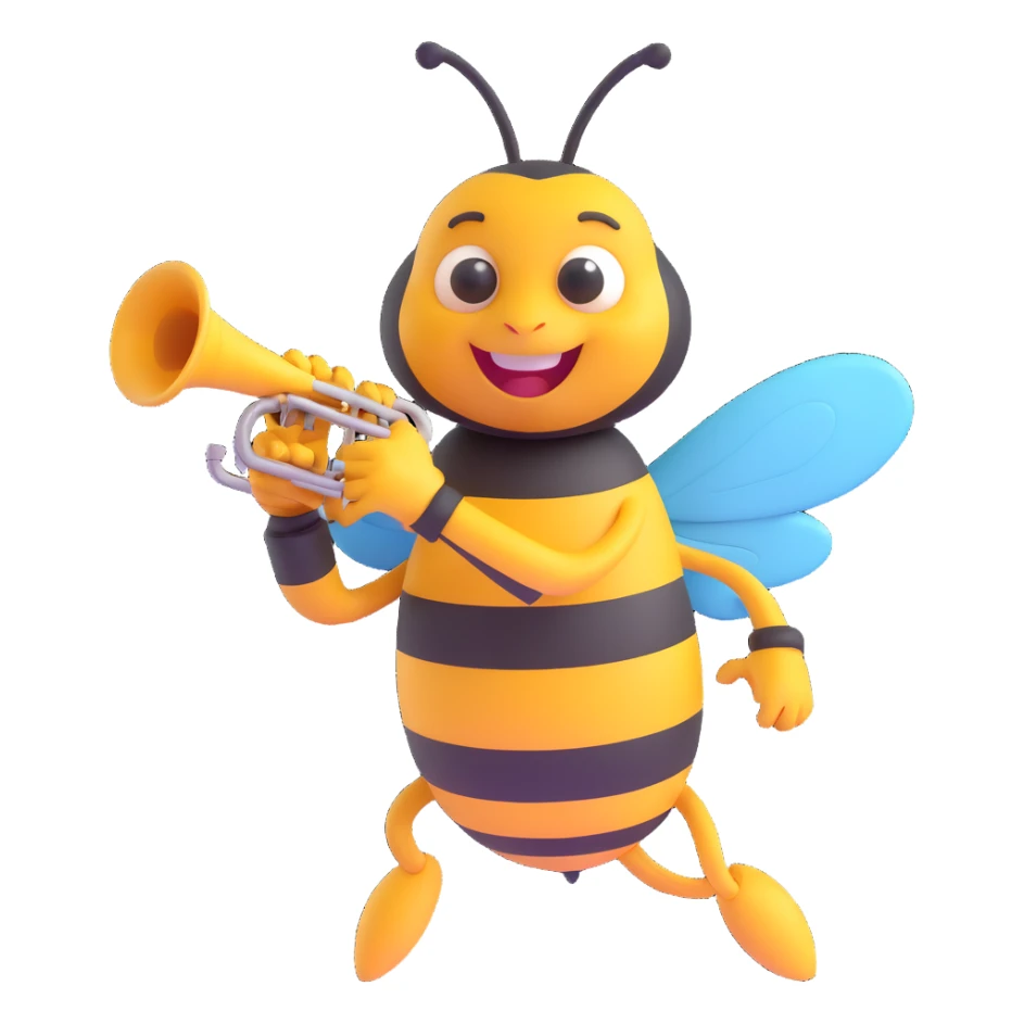 a cartoon bee playing a trumpet, cheerful expression sticker
