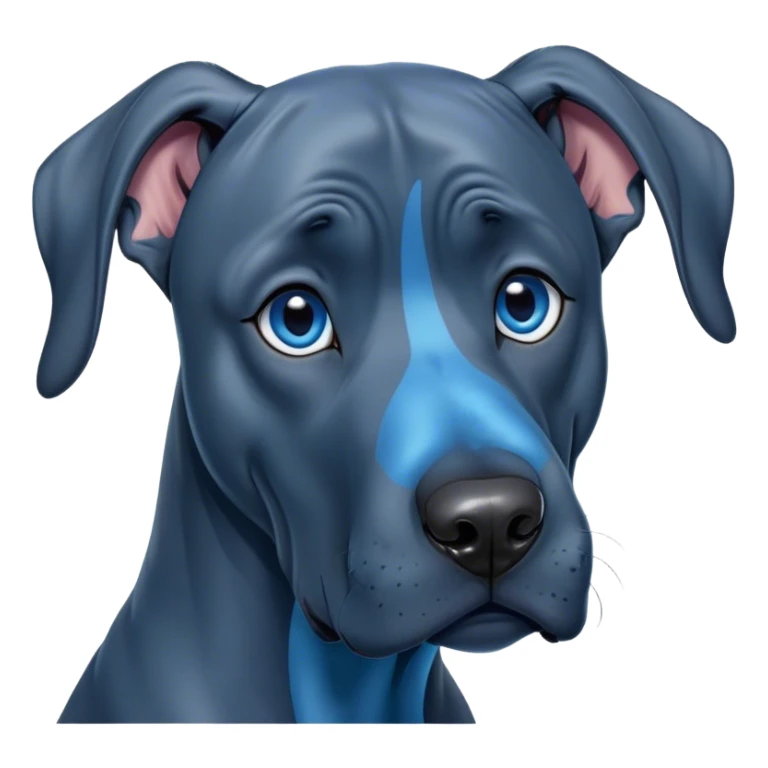 Cinematic Comical Blue Great Dane Portrait Emoji, Head tilted dramatically with an exaggeratedly amused expression, featuring a striking blue Fur with a glossy finish, wide, expressive steel-blue eyes filled with playful disbelief, Simplified yet hilariously expressive features, highly detailed, glowing with a slightly sassy glow, high shine, dramatic yet playful, stylized with an air of cheeky charm, bright and endearing, soft glowing outline, capturing the essence of a spirited and over-the-top guardian, so meme-worthy it feels like it could side-eye its way into internet fame instantly! sticker