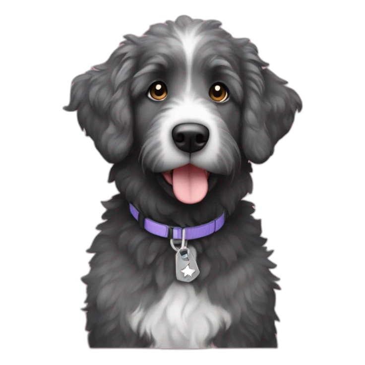 black and gray aussie doodle with a star-shaped tag sticker