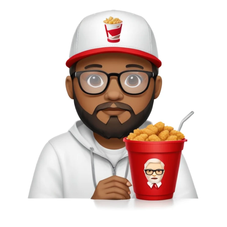 BBNO$ rapper sitting in a KFC bucket, glasses, beard, snapback cap sticker