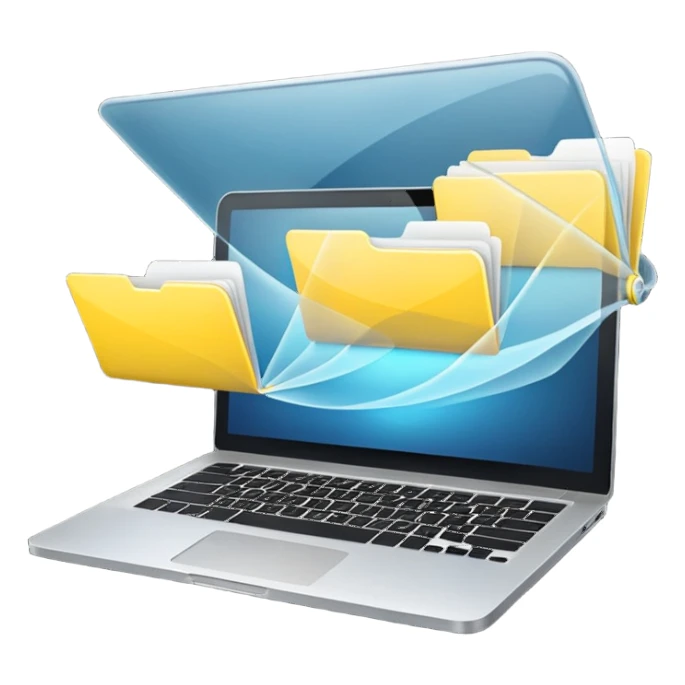 An open laptop with yellow folders containing data flying out. sticker