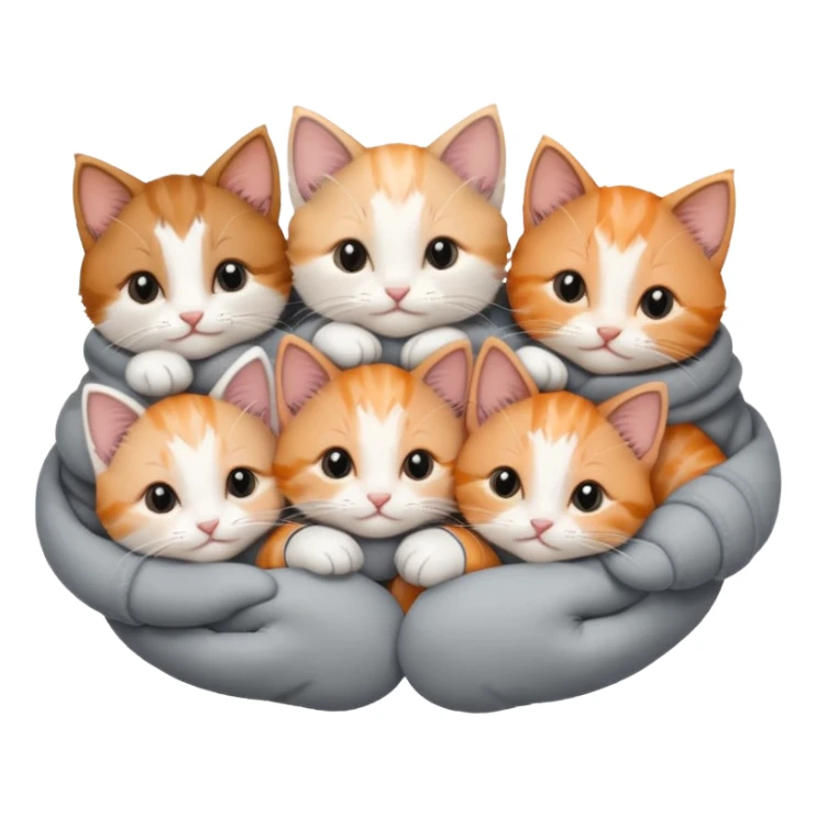 6 tiny kittens cuddling together all various different natural colours including solid grey with white mittens, grey and white, ginger and white, calico and brown and white sticker