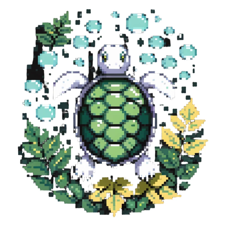A turtle with a shell made of leaves and surrounded by floating bubbles sticker