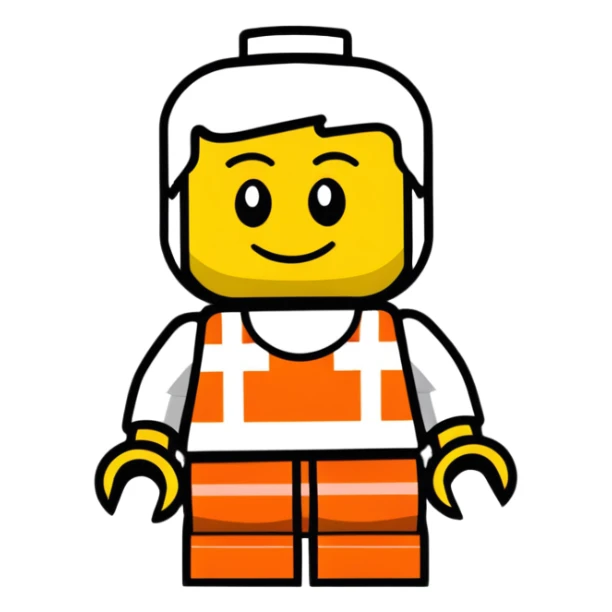 A cute Lego-style minifigure head with a happy expression sticker