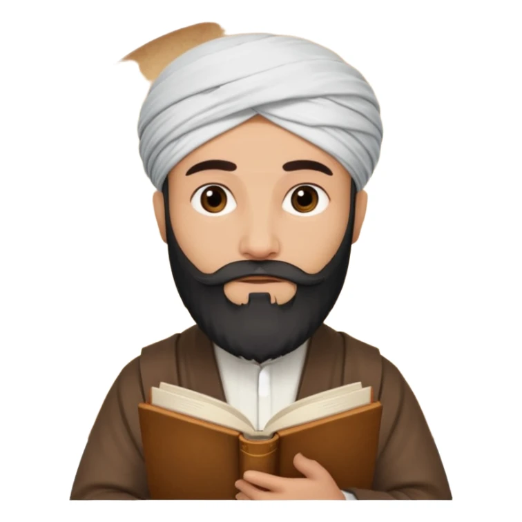 İbni Rüşd inside a circle, as a classic Islamic philosopher, bearded, turban on head, holding a book, simple and clear emoji sticker