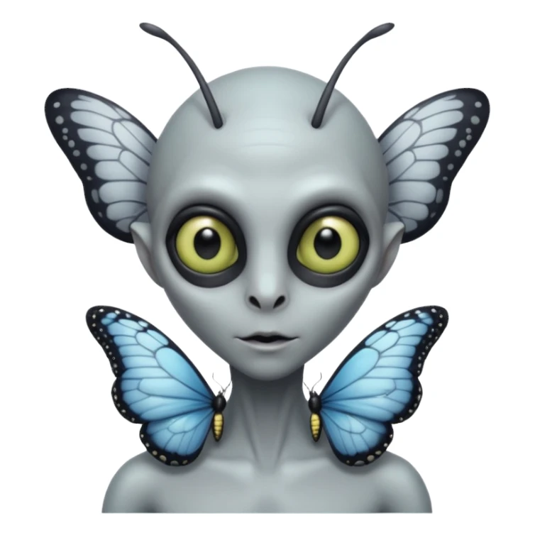 an grey alien with a butterfly on shoulder sticker