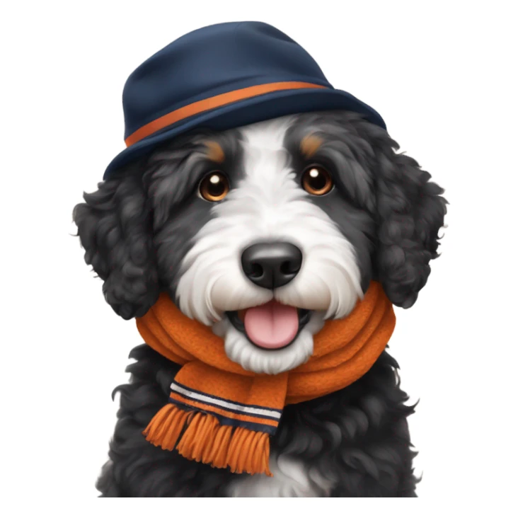 Bernedoodle with chicago bears hat and scarf sticker