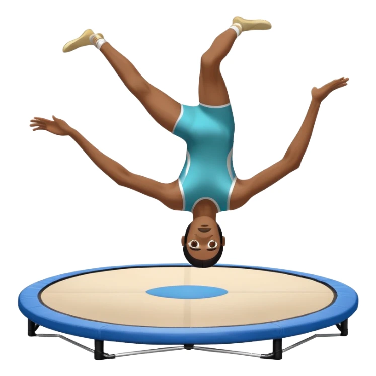 An athletic person soaring high above a trampoline, executing an acrobatic flip with perfect form. The scene captures motion and energy, with a dynamic pose, stretched limbs, and a focused expression. The background suggests a professional trampoline arena with safety padding. sticker