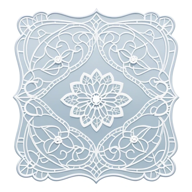 Lace making icon, partially finished lace patterns, shuttle and thread in use, intricate designs, lacework in progress, minimalistic style, clean lines, transparent background. sticker