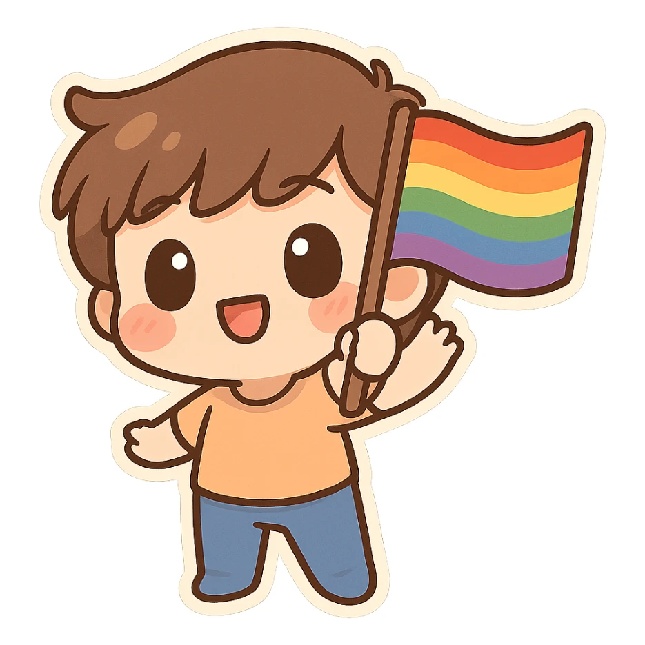 chibi sticker-style waving rainbow flag, cute and exaggerated sticker