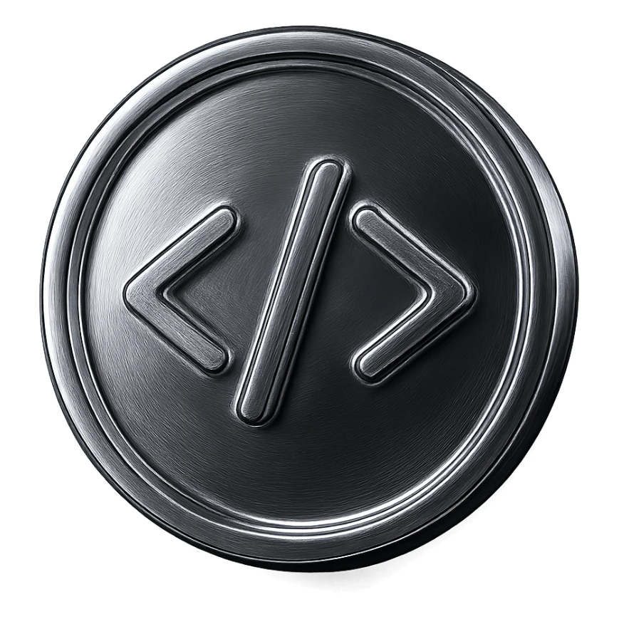 a 3D glass coin with a subtle code icon in the center sticker