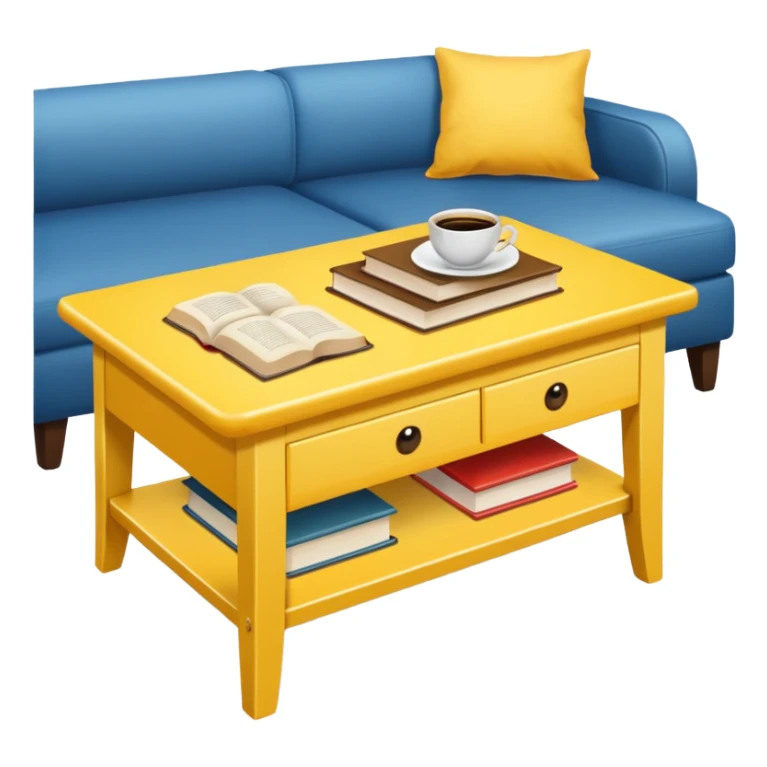 yellow coffe table, coffee on top, books under table
 sticker