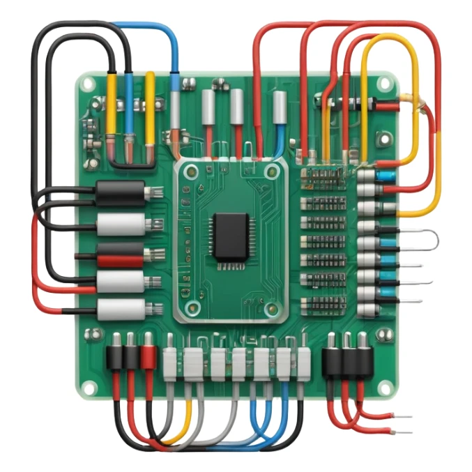 An icon featuring a circuit board, electrical wires, symbolizing electrical engineering. The design includes resistors, capacitors, and a power transformer, representing the study of electrical systems and innovation. Transparent background highlights modern electrical technology sticker