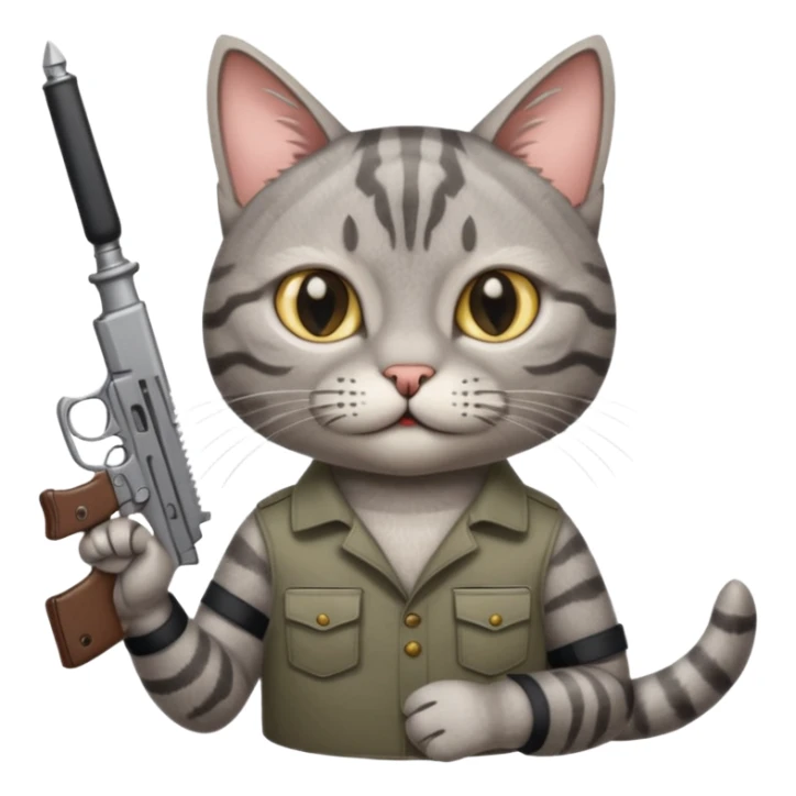 A cat holding a gun and a knife sticker