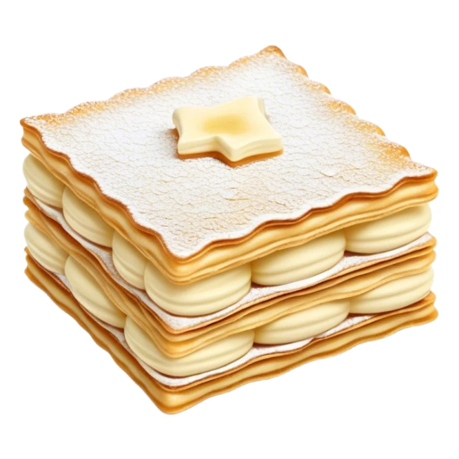 Cinematic delicate mille-feuille, thin crispy pastry layers filled with smooth vanilla cream, dusted with powdered sugar, elegant presentation, highly detailed and sophisticated. sticker
