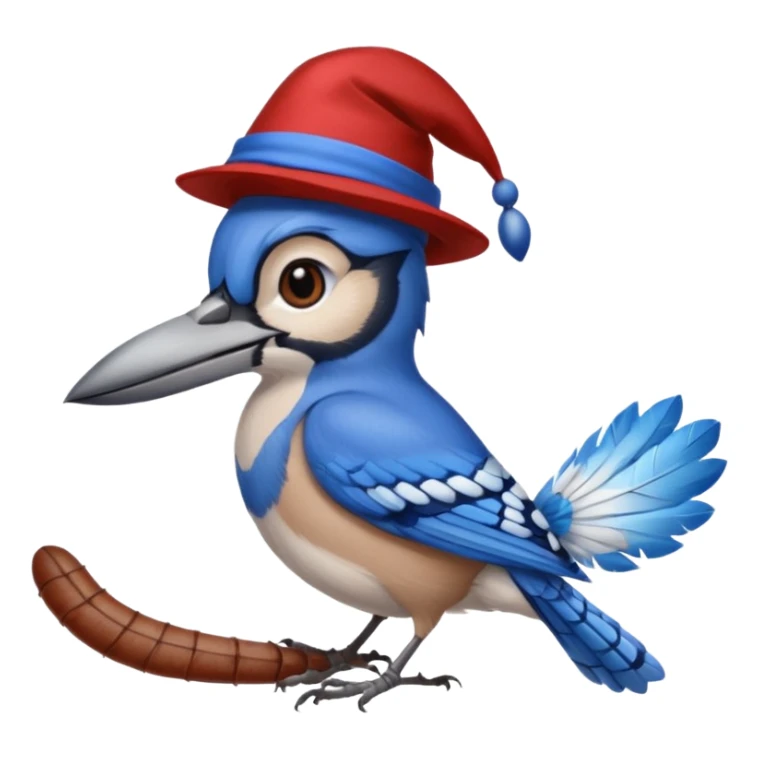 a blue jay wearing a hat, holding a worm sticker