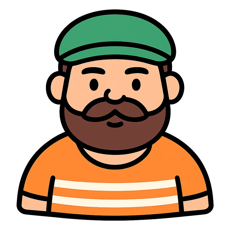 modern icon style character with mustache, chubby, medium eyebrows, connected beard and mustache, wearing an orange shirt with white stripes, and a green grandpa hat sticker