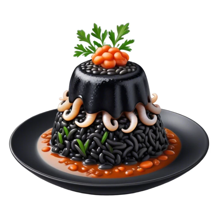 Cinematic Realistic Black Risotto Dish Emoji, showcasing a rich squid ink-infused risotto rendered with bold textures and dynamic, dramatic lighting. sticker