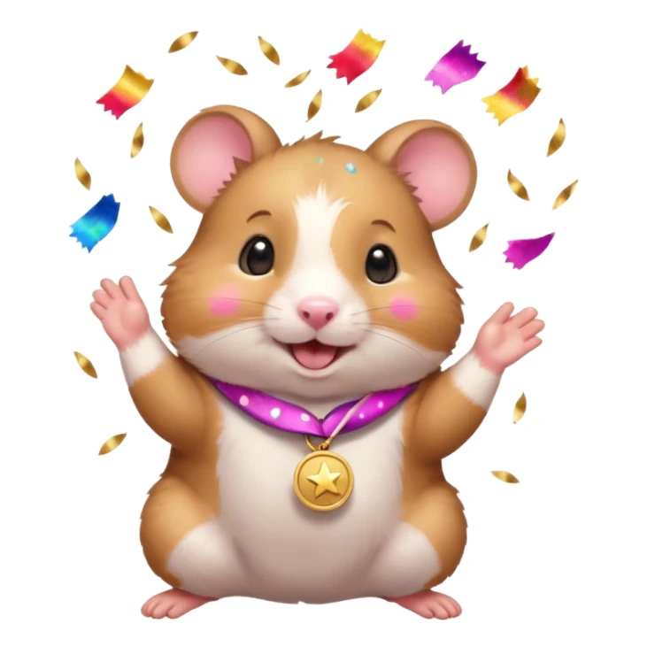 Cute cartoon-style hamster throwing confetti, holding a tiny medal, joyful expression. Painterly shading, white background, sticker-style illustration sticker