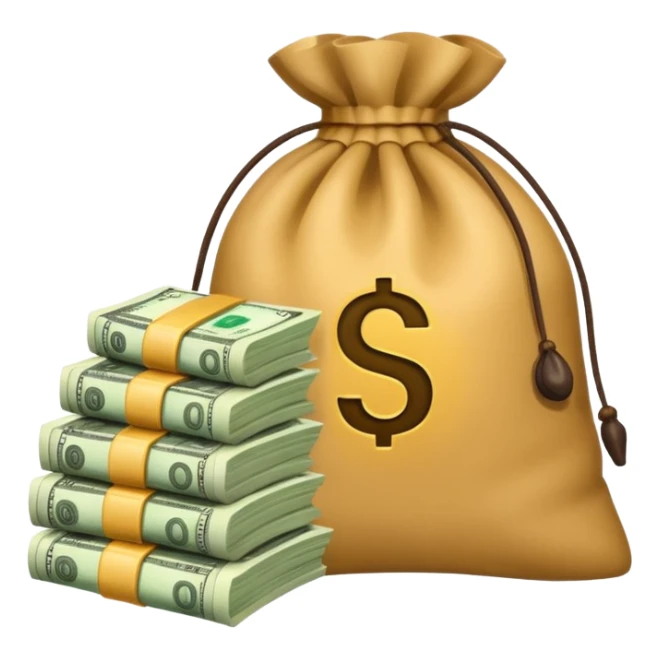 money bag and stack of dollars placed with it sticker