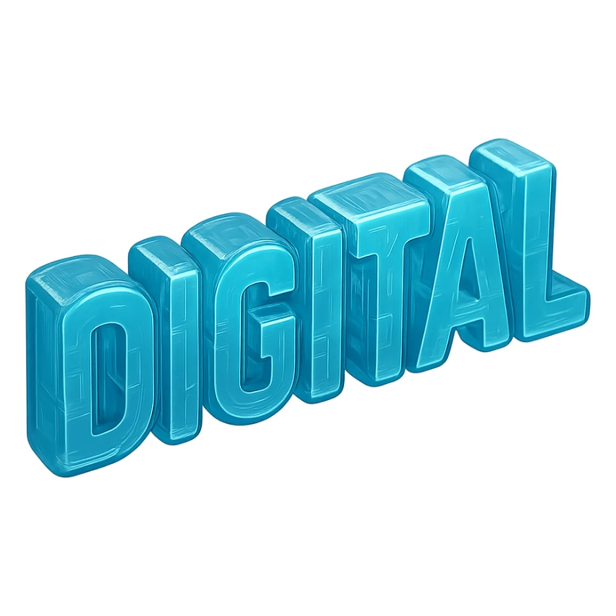 The word "DIGITAL" BOLD, floating, cyan blue sticker