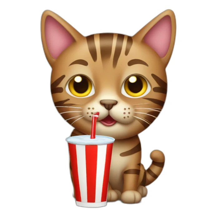 A striped brown cat  drinking a soda sticker
