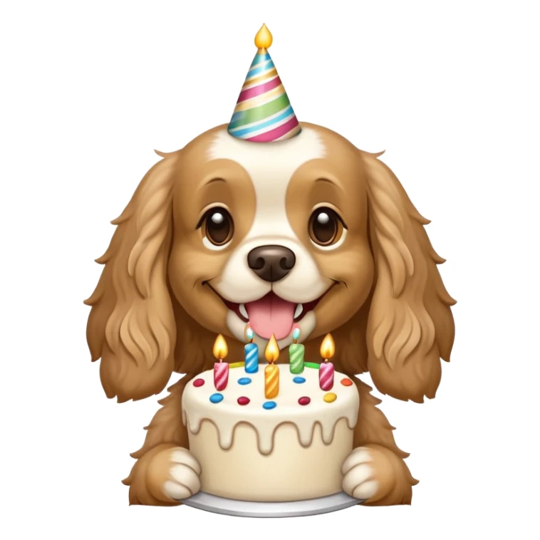 Wheat-colored  cocker spaniel holding a birthday cake sticker