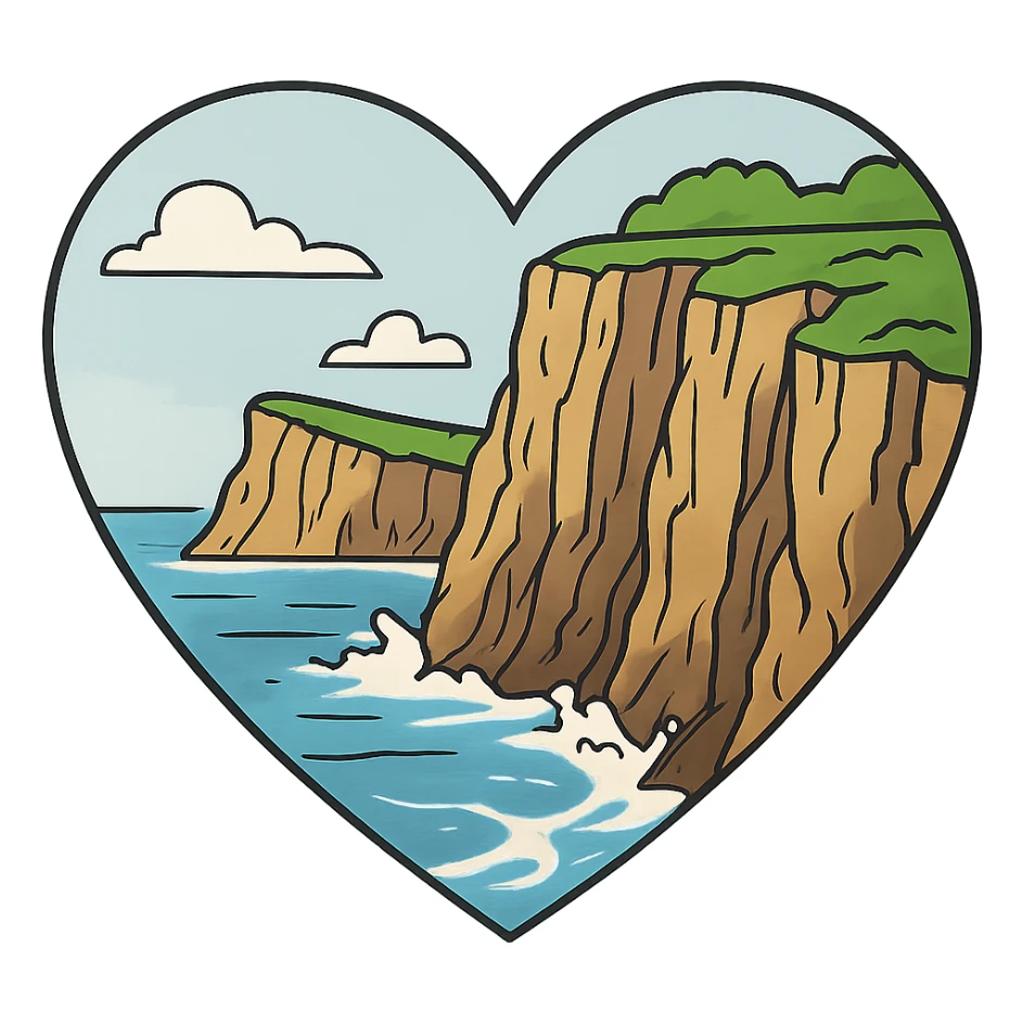 heart with a coastal cliffs theme, clean digital illustration sticker