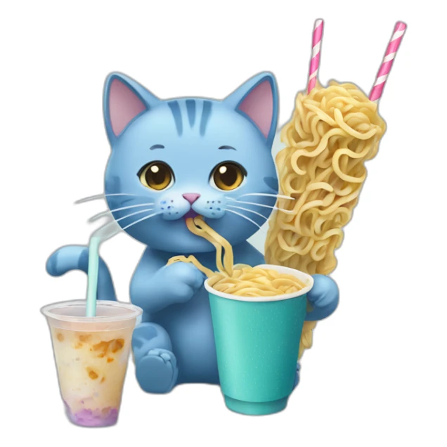 blueish cat eating noodles next to bubble tea sticker