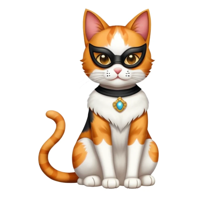 calico cat full body sitting with a mask sticker