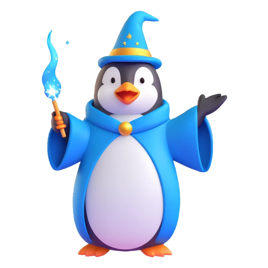 penguin wizard casting a spell, sparkles, blue robe, whimsical sticker