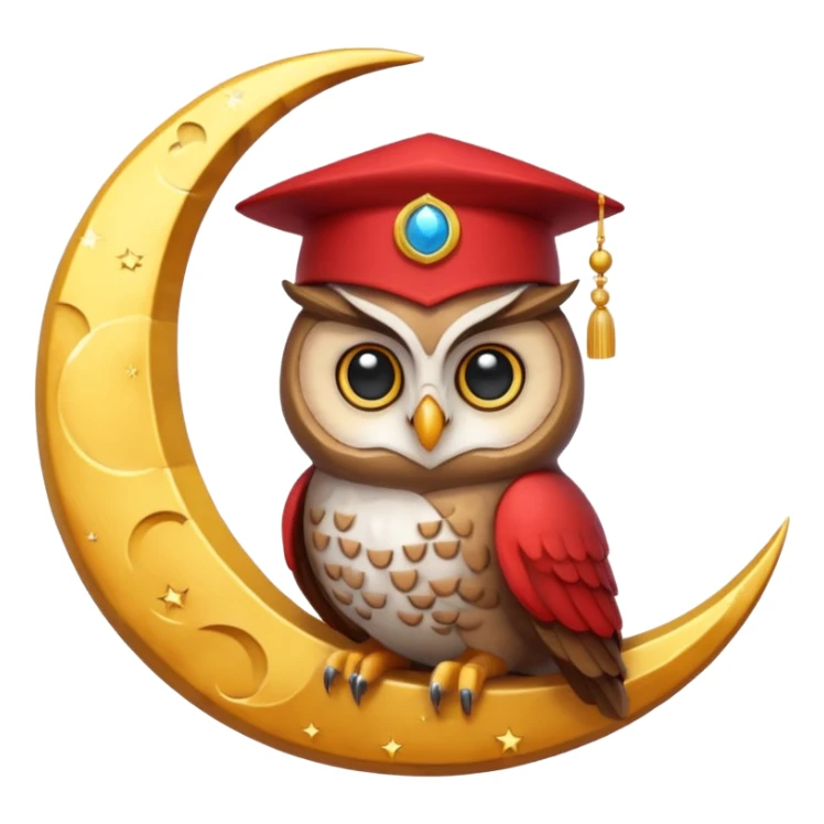 Owl wearing a tiny fez, sitting on a crescent moon. sticker