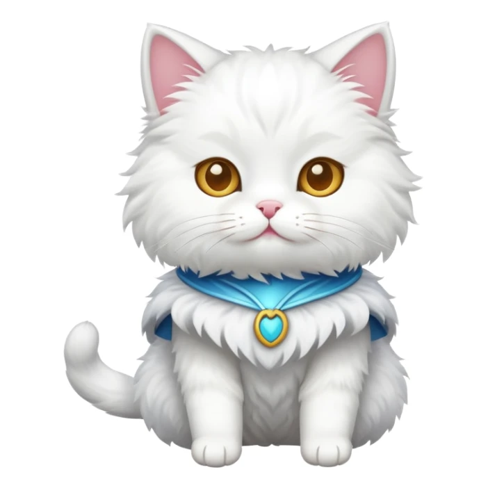 a white cat wearing a costume sticker