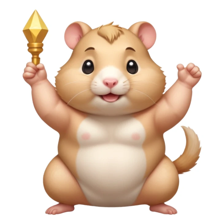 Cute chubby cartoon-style hamster flexing tiny arms like a bodybuilder, sparkles around it, triumphant expression. Painterly shading, white background, sticker-style illustration. sticker