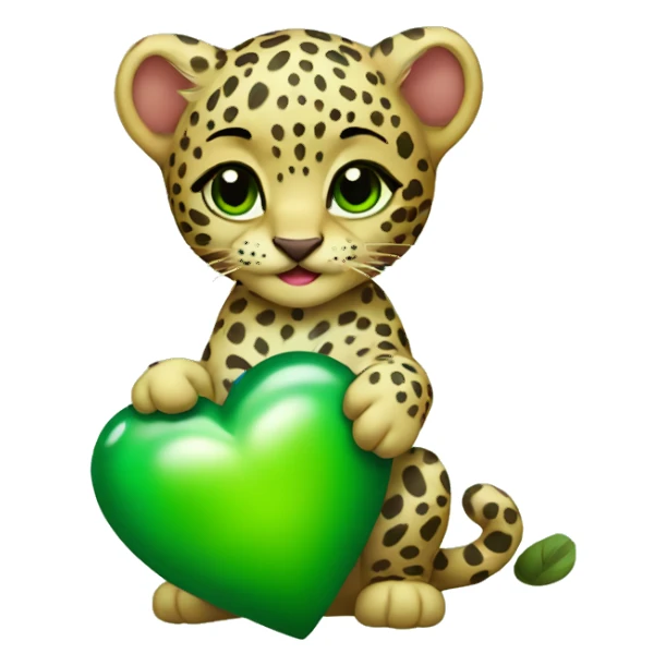 Baby leopard holding a green heart sticker