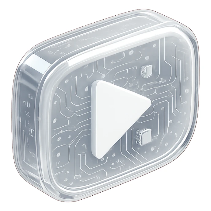 YouTube play button, white, centered, dark red background, glossy circuit style sticker